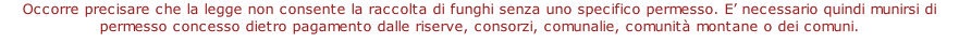 Occorre precisare che la legge non consente la raccolta di funghi senza uno specifico permesso. E’ necessario quindi munirsi di permesso concesso dietro pagamento dalle riserve, consorzi, comunalie, comunità montane o dei comuni.